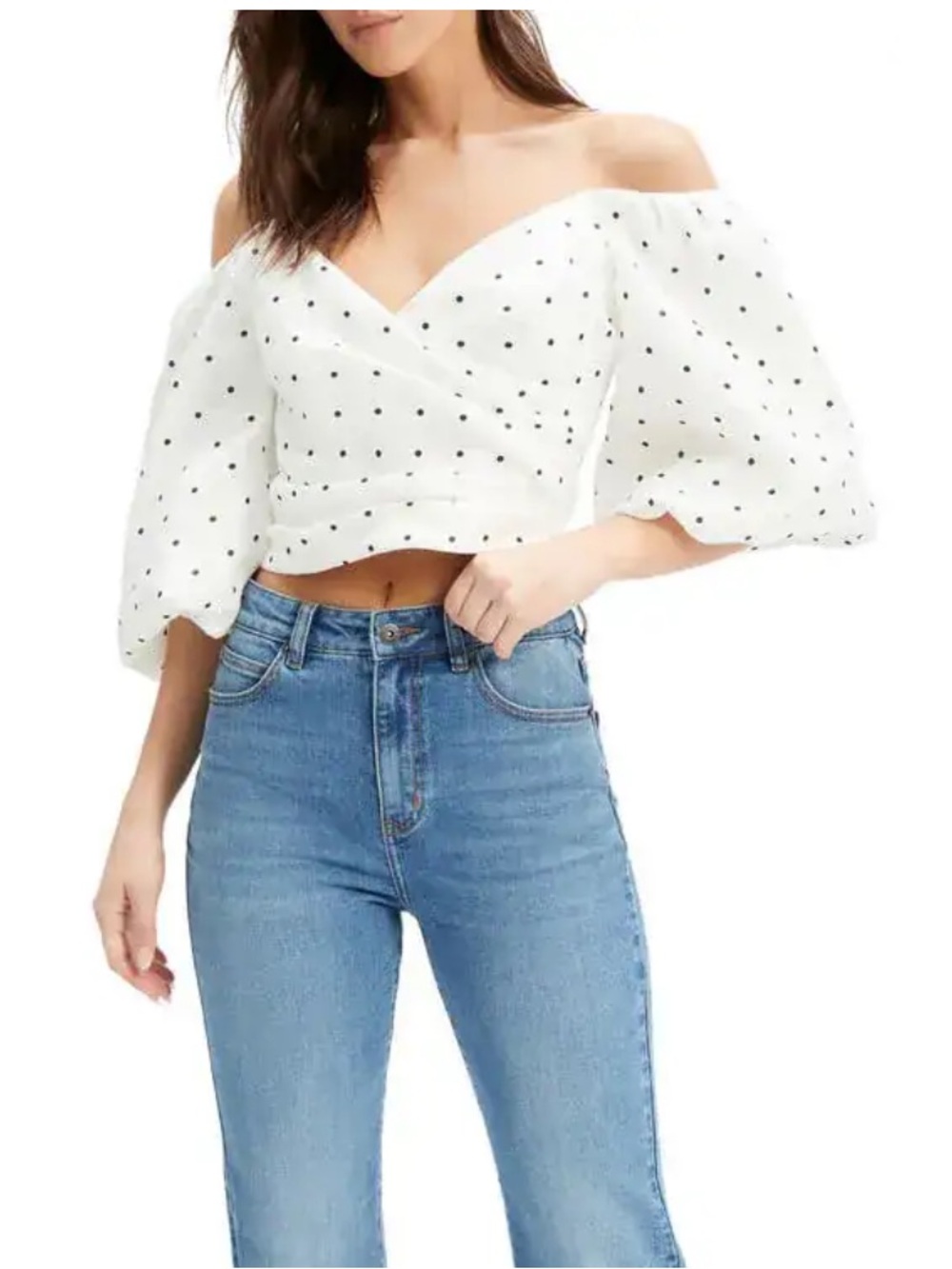 BARDOT White Polka Dot Off-the-Shoulder Crop Top Size S